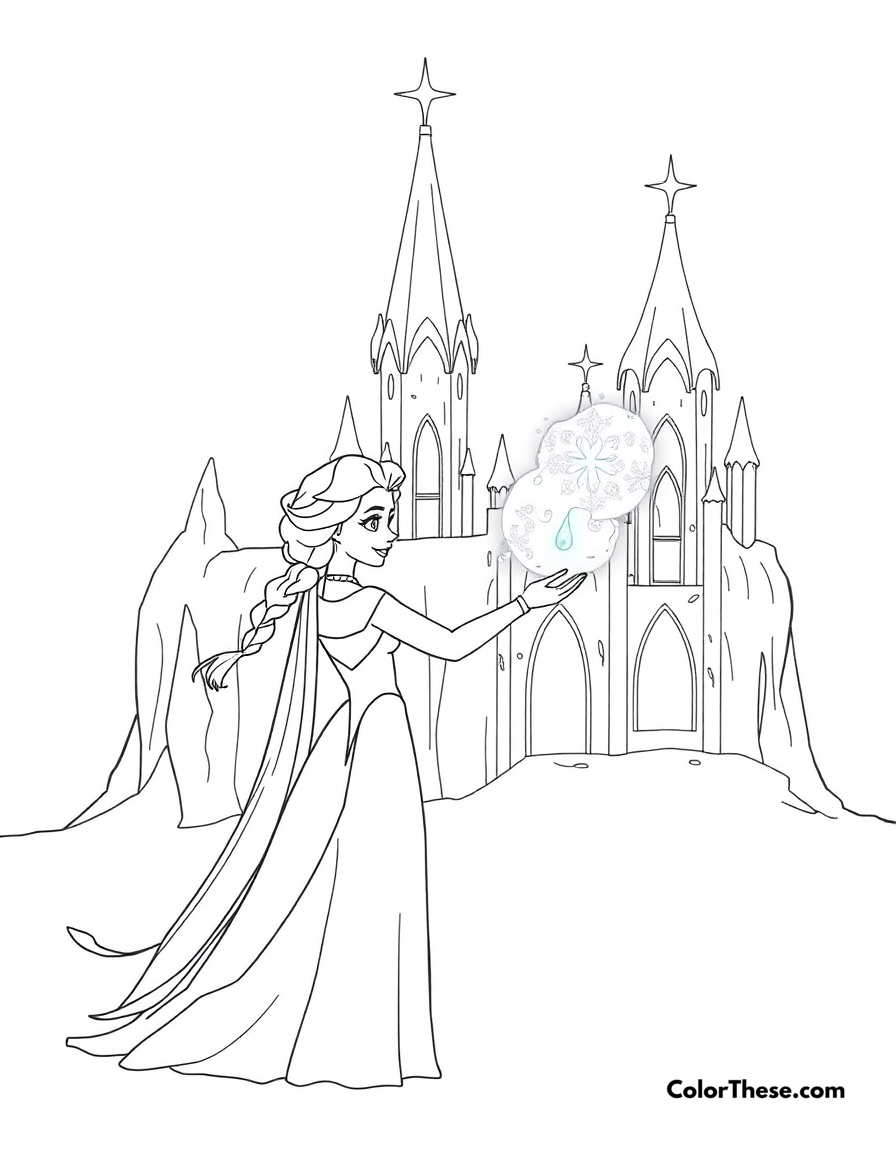 Free printable elsa creating ice magic coloring page for kids and adults - A elsa (disney) using her ice powers to create a magical ice castle.