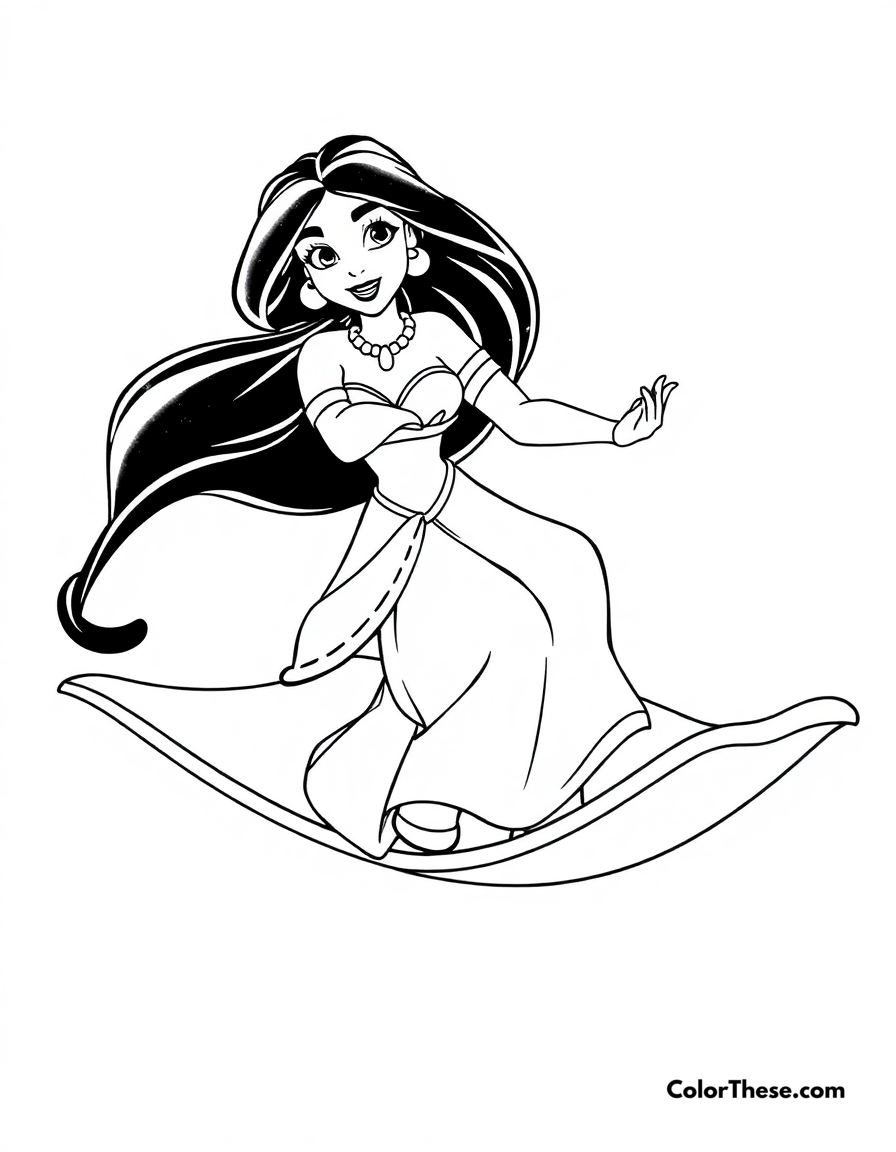 Free printable jasmine on the magic carpet coloring page for kids and adults - A jasmine (disney) flying on a magic carpet with aladdin.