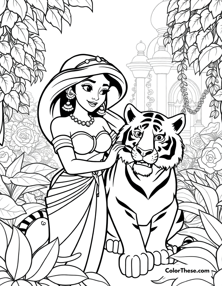 Free printable jasmine with rajah coloring page for kids and adults - A jasmine (disney) with her loyal tiger rajah in the palace gardens.