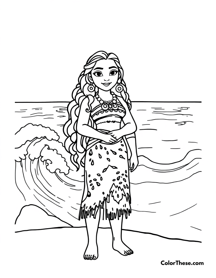 Free printable moana with the ocean coloring page for kids and adults - A moana (disney) standing by the ocean with the waves reaching out to her.