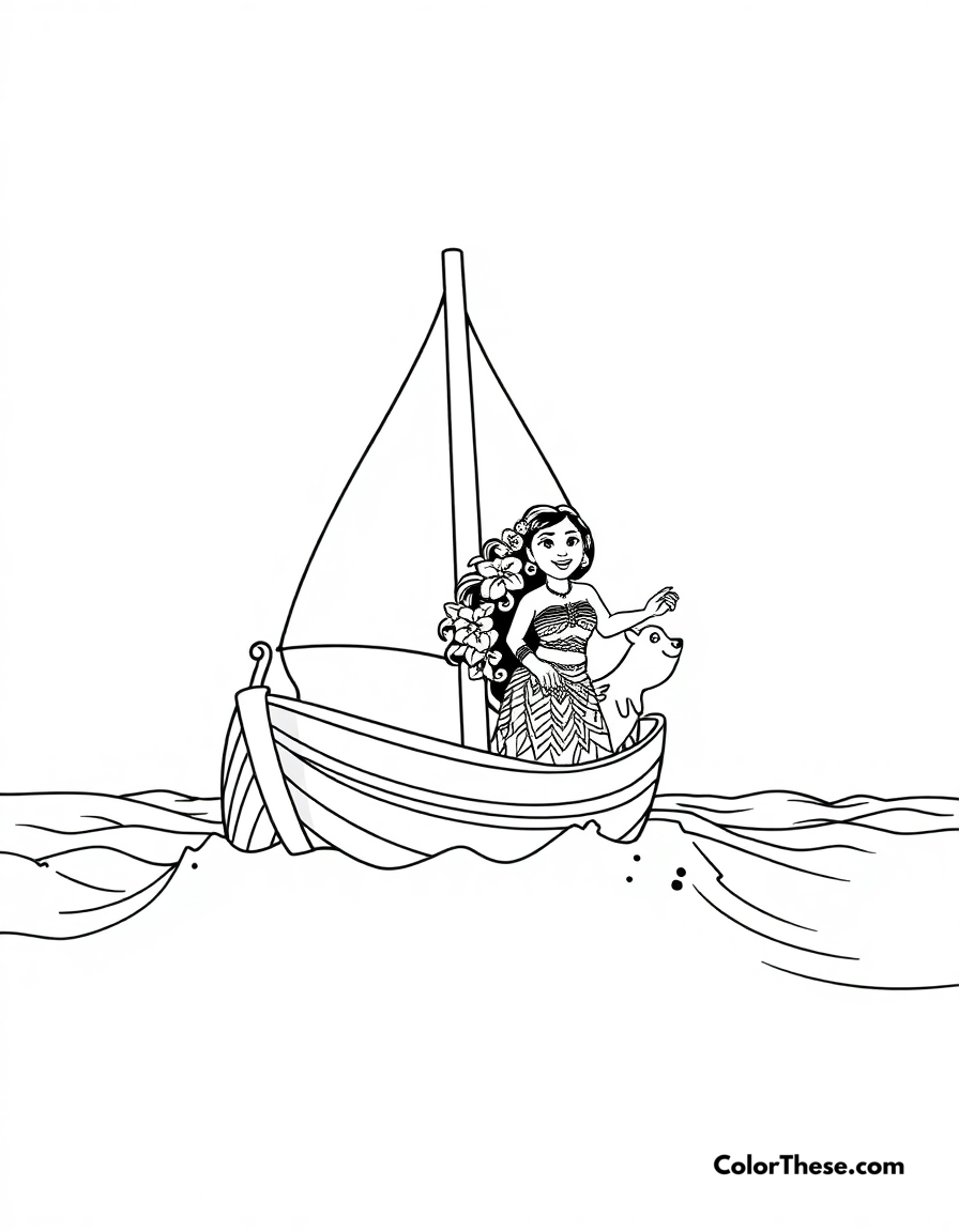 Free printable moana sailing the ocean coloring page for kids and adults - A moana (disney) sailing the ocean with maui and heihei.