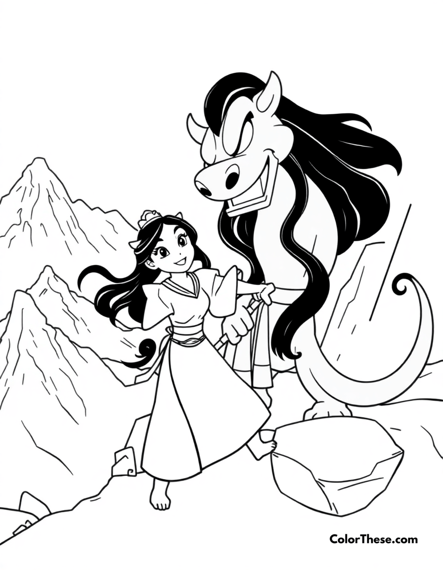 Free printable mulan training with mushu coloring page for kids and adults - A mulan (disney) training with mushu in the mountains.