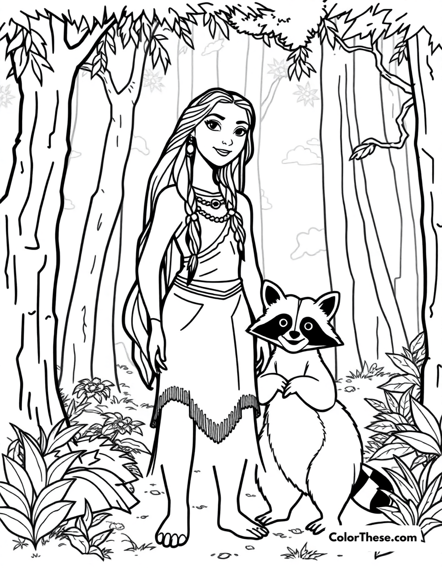 Free printable pocahontas with meeko coloring page for kids and adults - A pocahontas (disney) standing in the forest with her raccoon friend meeko.