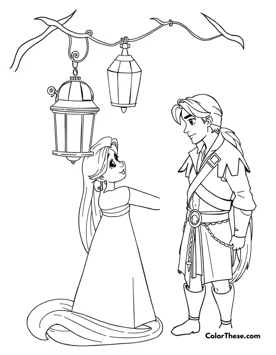 Free printable rapunzel with flynn rider coloring page for kids and adults - A rapunzel (disney) with flynn rider in a lantern-lit scene.