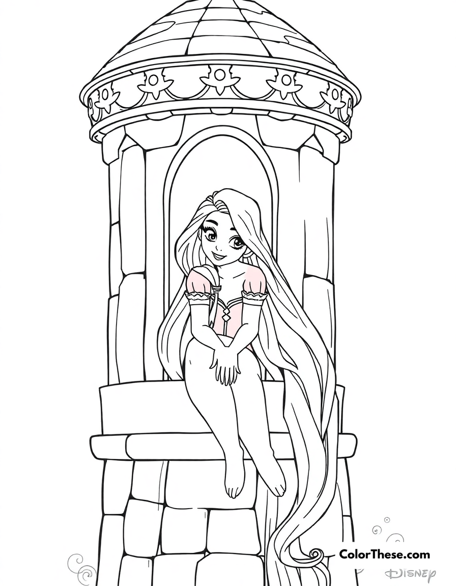 Free printable rapunzel in her tower coloring page for kids and adults - A rapunzel (disney) sitting in her tower with her long golden hair.