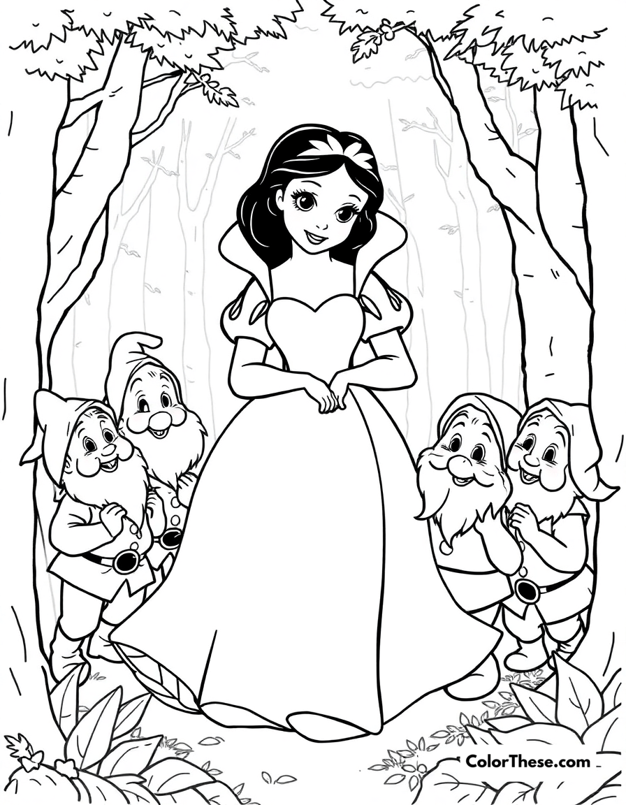 Free printable snow white with the dwarfs coloring page for kids and adults - A snow white (disney) surrounded by the seven dwarfs in the forest.