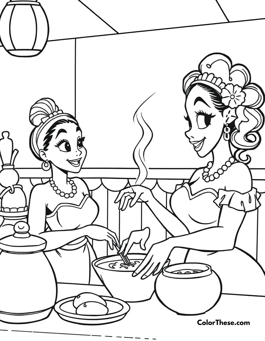 Free printable tiana cooking gumbo coloring page for kids and adults - A tiana (disney) cooking gumbo in her restaurant.