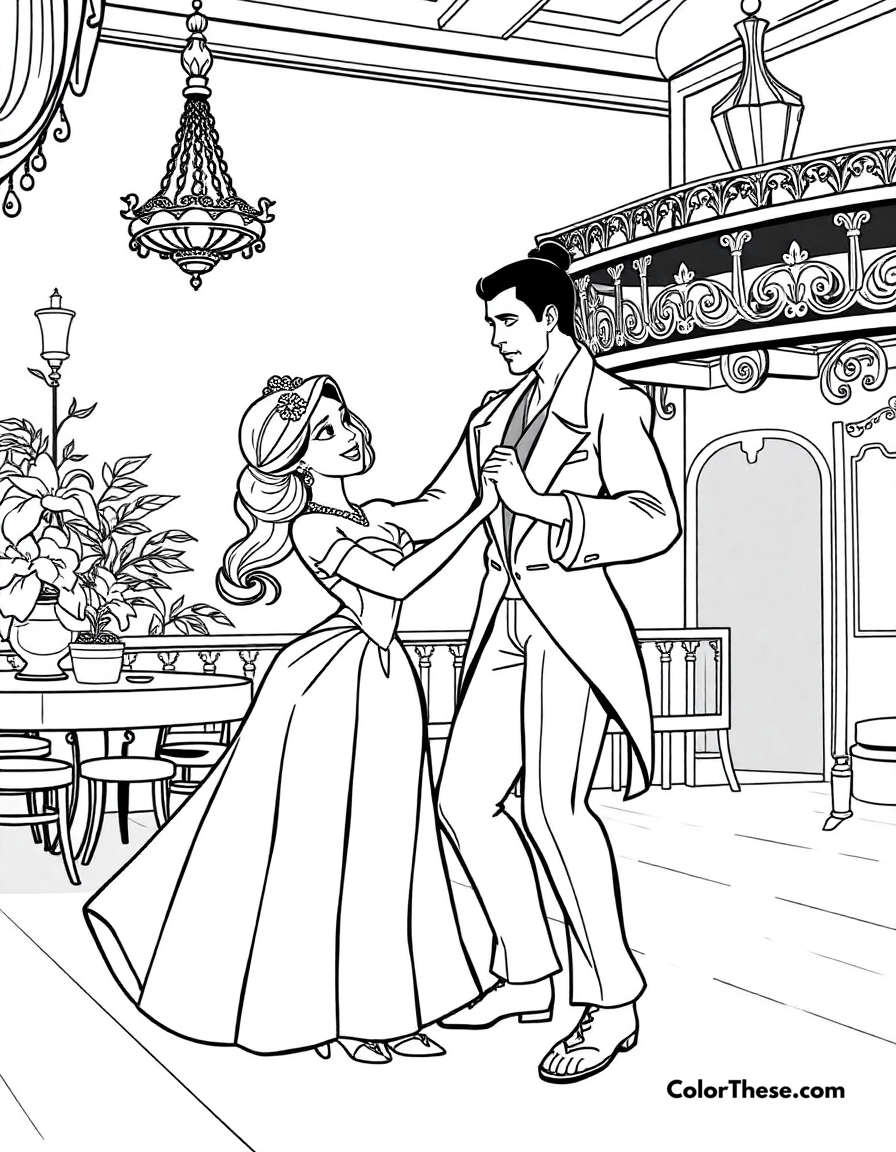 Free printable tiana and naveen dancing coloring page for kids and adults - A tiana (disney) and naveen dancing in a new orleans ballroom.