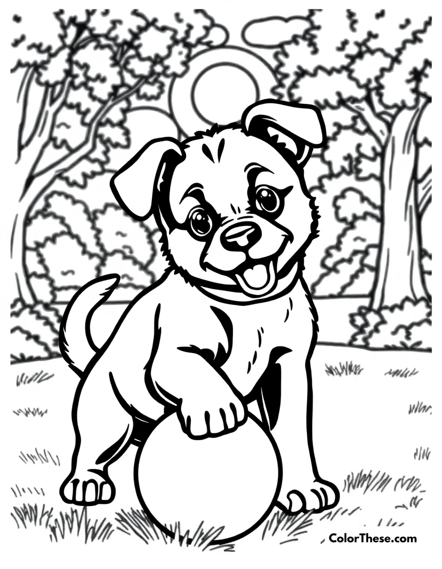 Free printable puppy with a ball in the park coloring page for kids and adults - A a puppy playing with a ball in a sunny park.