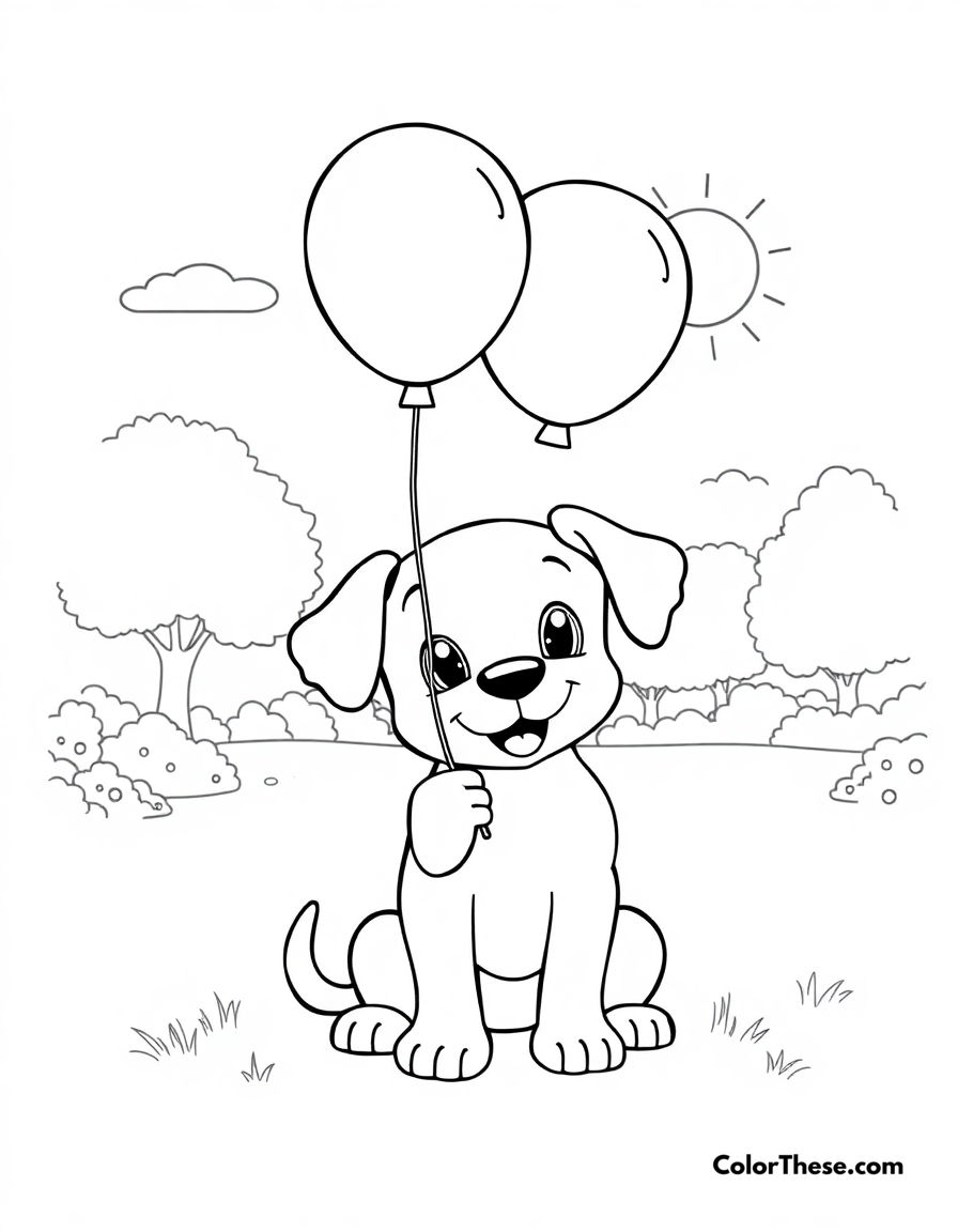 Free printable puppy with a balloon in the park coloring page for kids and adults - A a puppy holding a balloon in a sunny park.