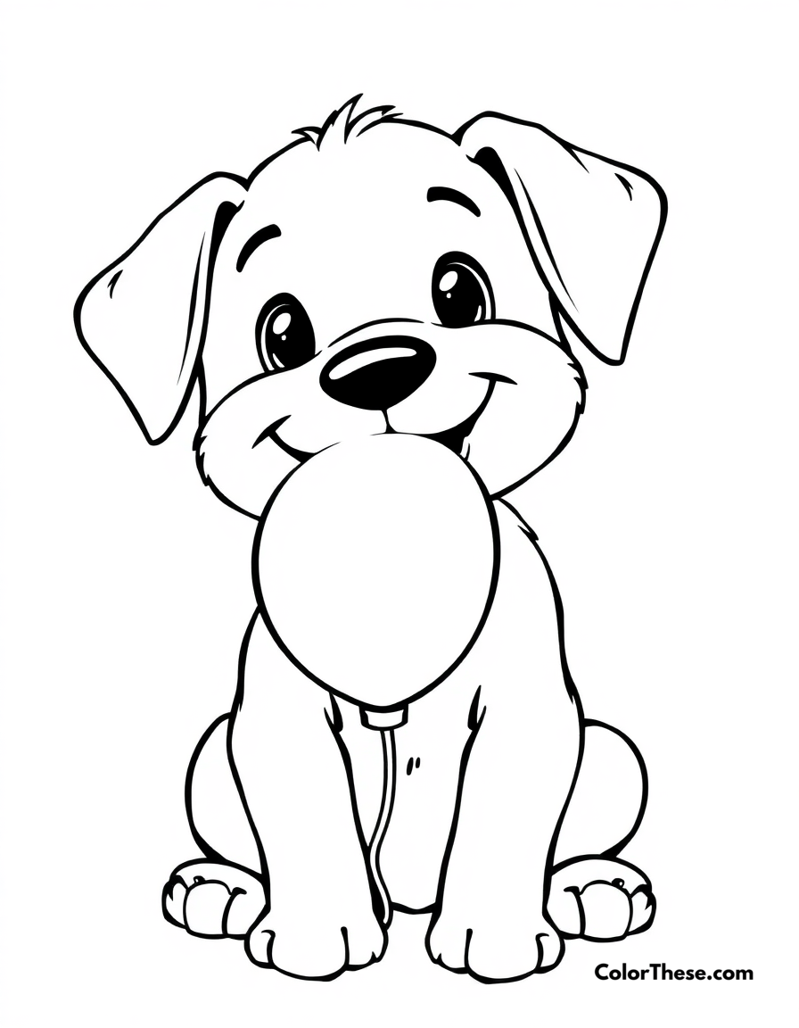 Free printable puppy with a balloon coloring page for kids and adults - A a happy puppy holding a balloon in its mouth.