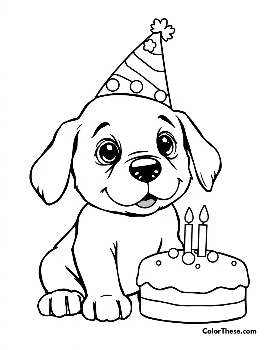 Free printable puppy with a birthday hat coloring page for kids and adults - A a puppy wearing a birthday hat with a cake nearby.