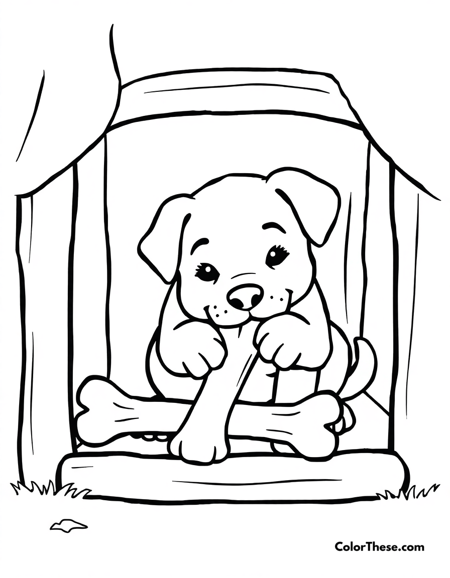 Free printable puppy with a bone in a doghouse coloring page for kids and adults - A a puppy chewing on a bone inside a doghouse.