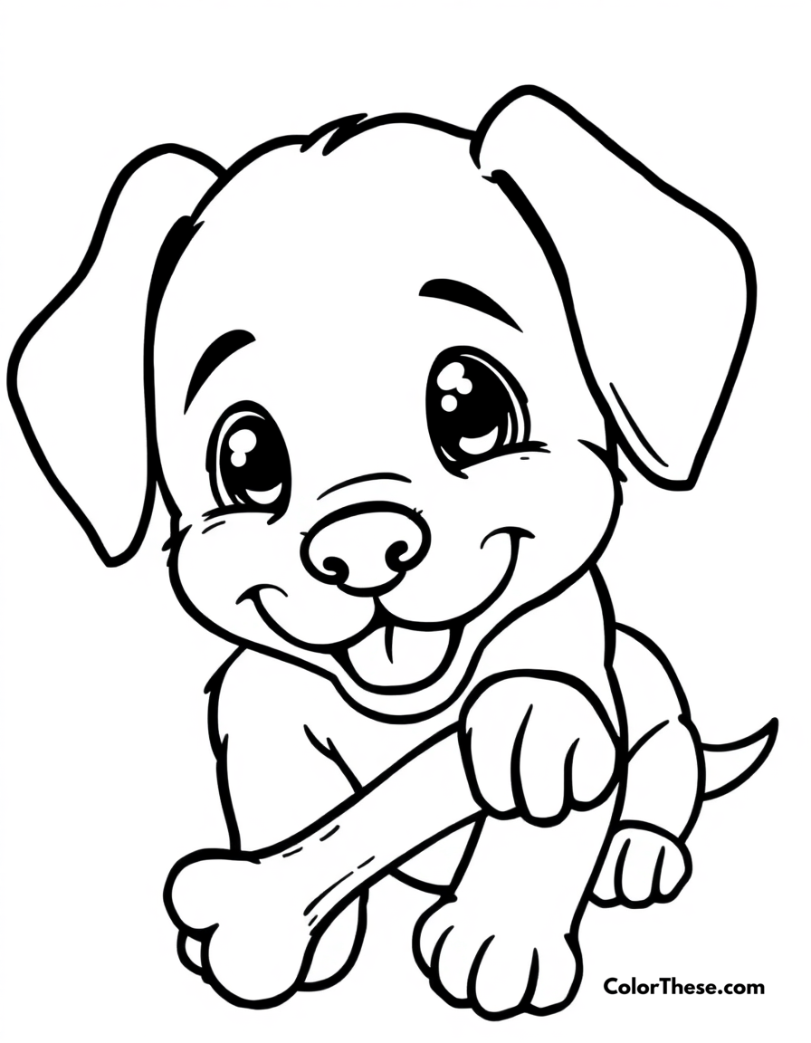 Free printable puppy with a bone coloring page for kids and adults - A a happy puppy chewing on a bone.