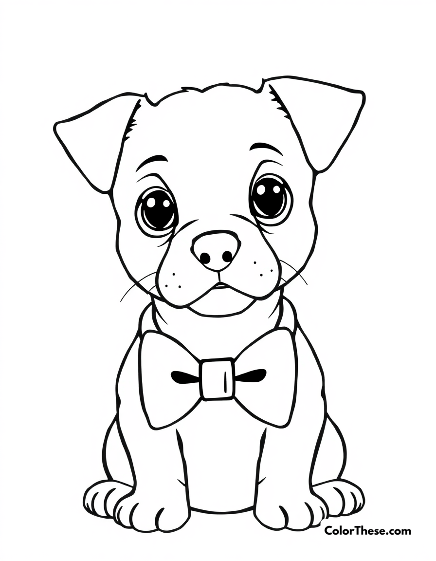 Free printable puppy with a bow tie coloring page for kids and adults - A a puppy wearing a bow tie, looking dapper.