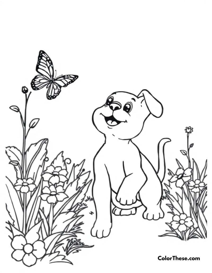 Free printable puppy with a butterfly coloring page for kids and adults - A a curious puppy chasing a butterfly in a garden.