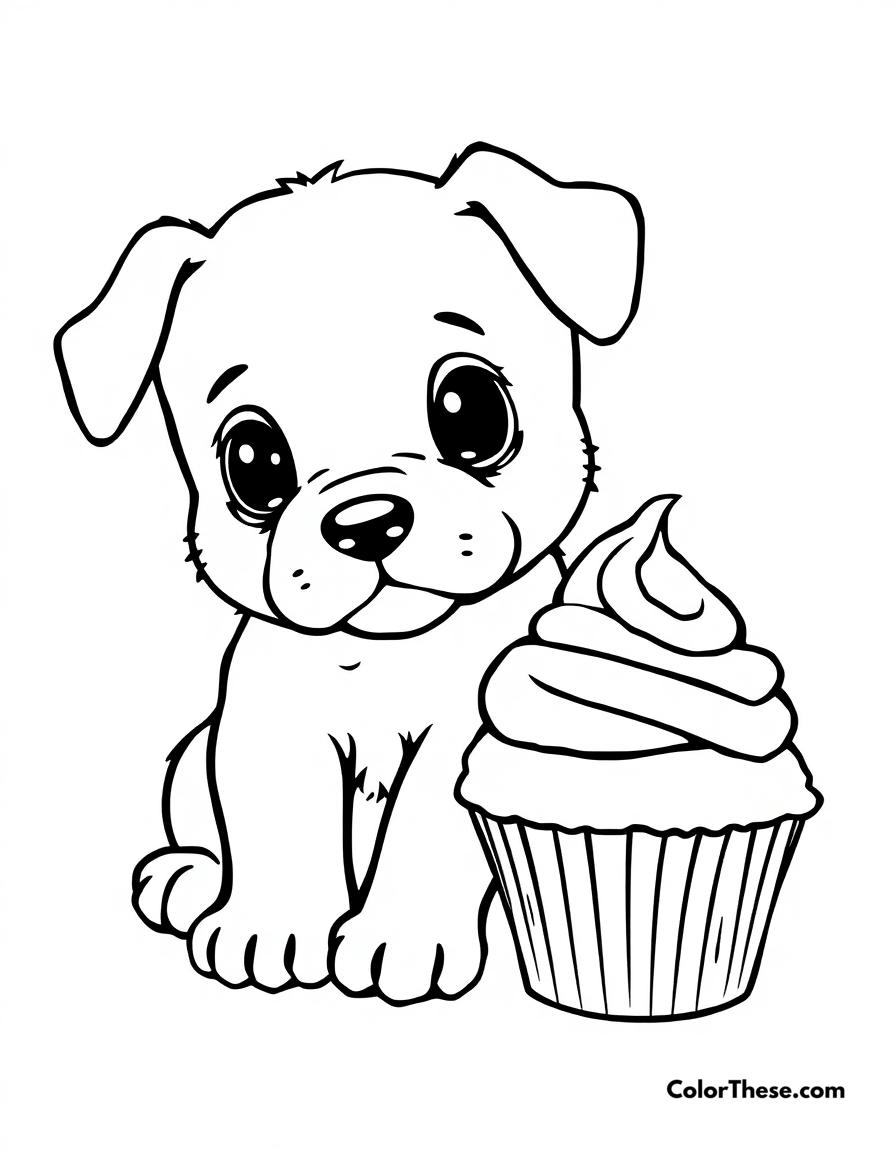 Free printable puppy with a cupcake coloring page for kids and adults - A a puppy sitting next to a cupcake, looking curious.