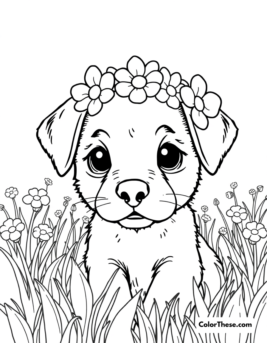 Free printable puppy with a flower crown coloring page for kids and adults - A a cute puppy wearing a flower crown in a meadow.