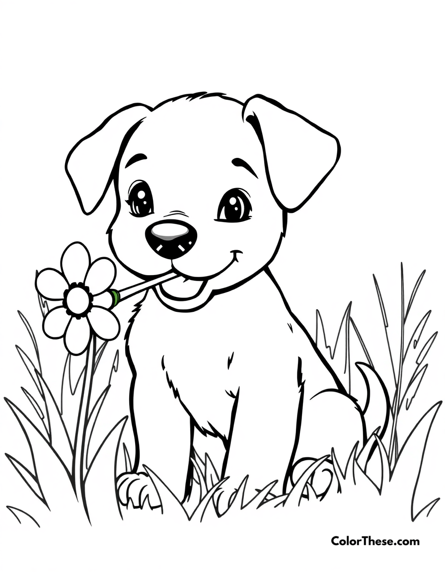 Free printable puppy with a flower coloring page for kids and adults - A a puppy holding a flower in its mouth in a meadow.