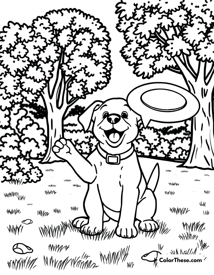 Free printable puppy with a frisbee coloring page for kids and adults - A a puppy catching a frisbee in the park.