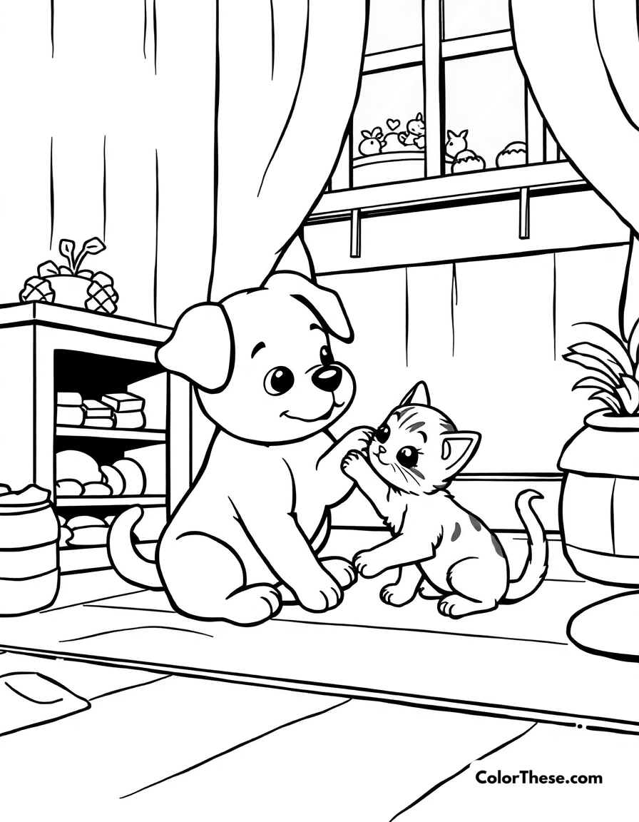 Free printable puppy with a kitten friend coloring page for kids and adults - A a puppy playing with a kitten in a cozy room.