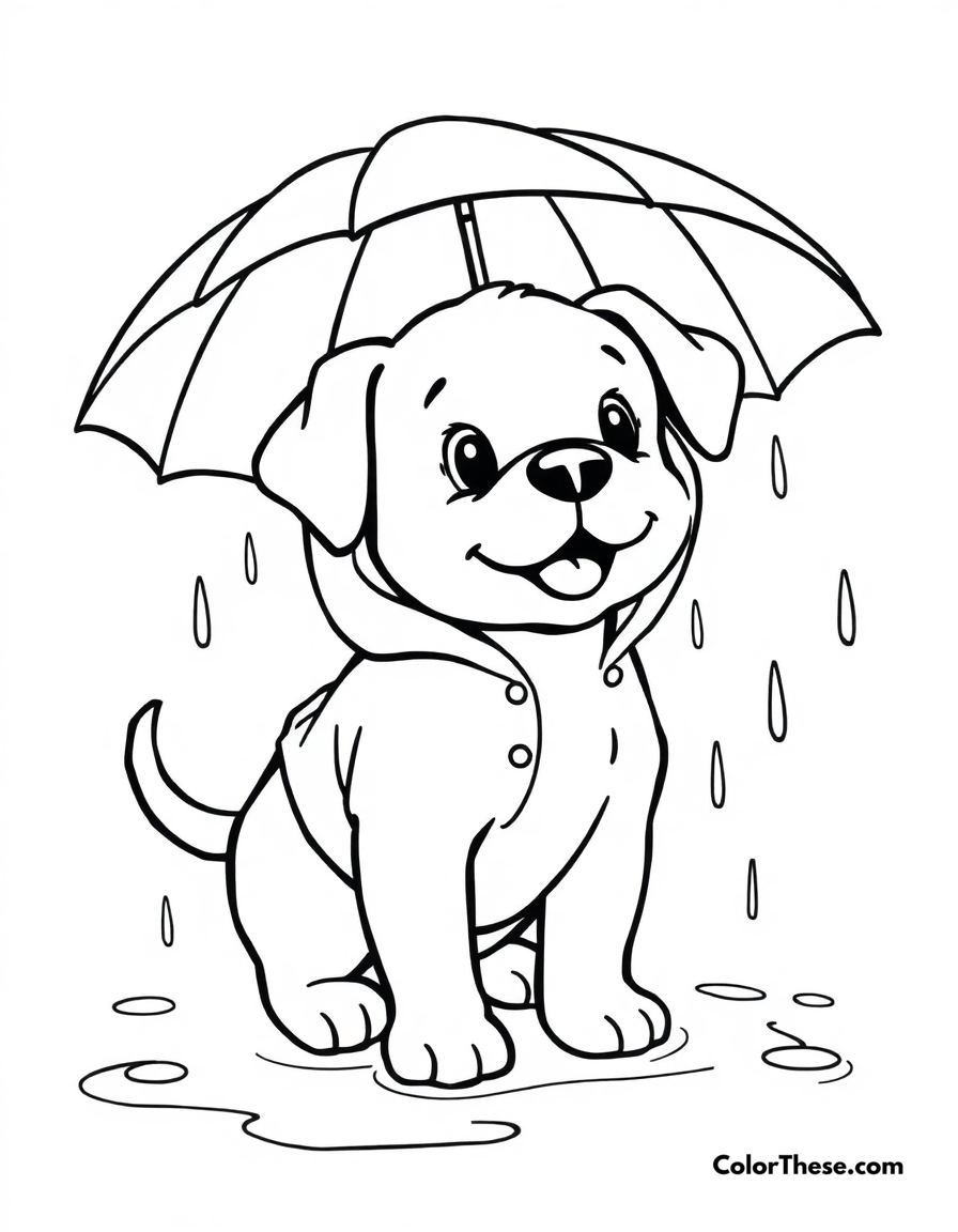 Free printable puppy in the rain coloring page for kids and adults - A a puppy playing in the rain with a raincoat on.