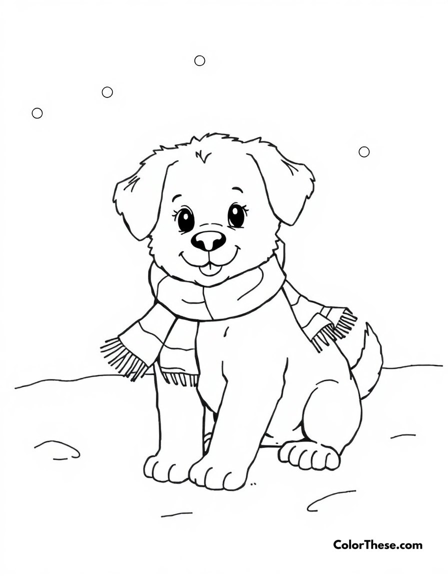 Free printable puppy in a snowy scene coloring page for kids and adults - A a puppy playing in the snow with a scarf on.