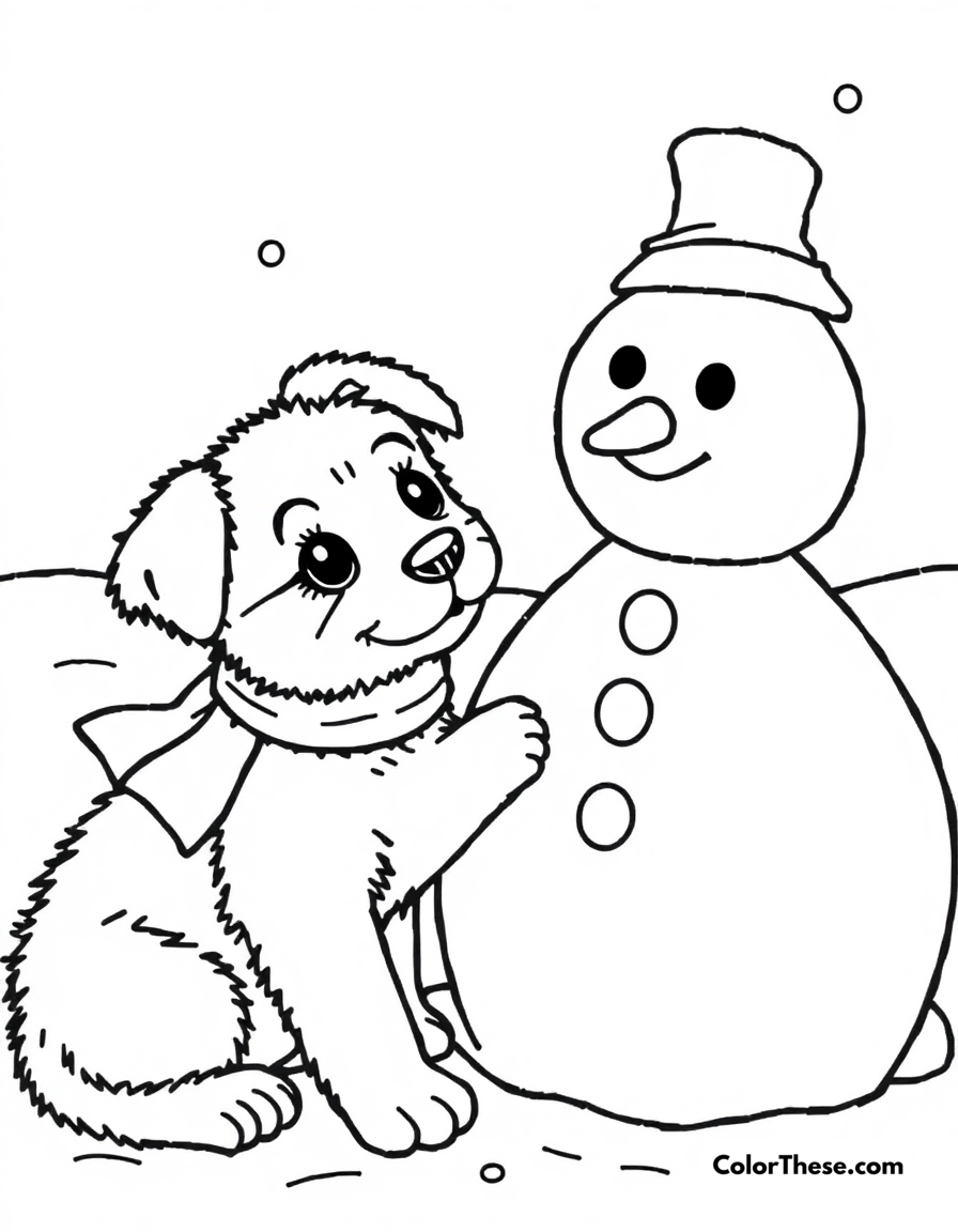 Free printable puppy with a snowman coloring page for kids and adults - A a puppy playing next to a snowman in the snow.