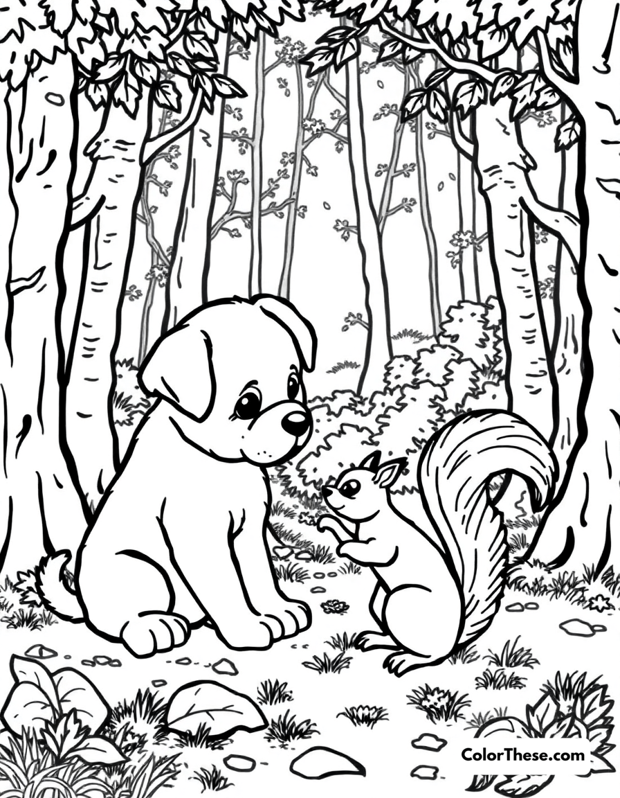 Free printable puppy with a squirrel friend coloring page for kids and adults - A a puppy playing with a squirrel in the forest.