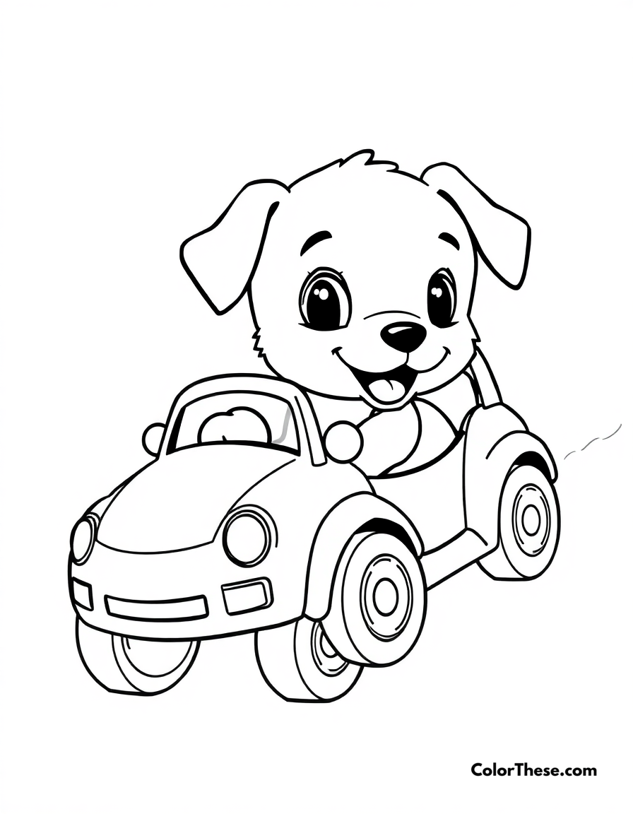 Free printable puppy with a toy car coloring page for kids and adults - A a playful puppy pushing a toy car.