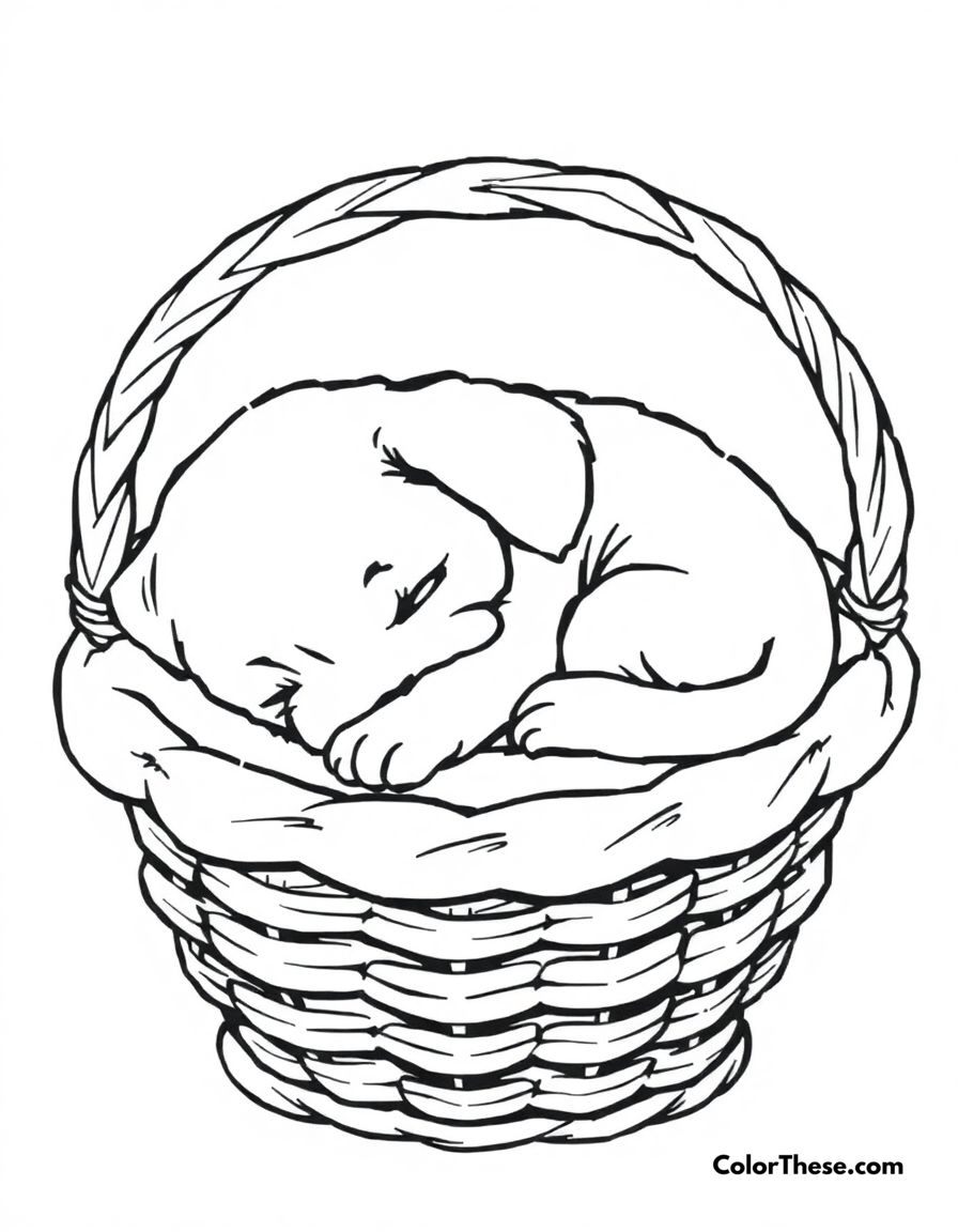 Free printable sleepy puppy in a basket coloring page for kids and adults - A a sleepy puppy curled up in a cozy basket.