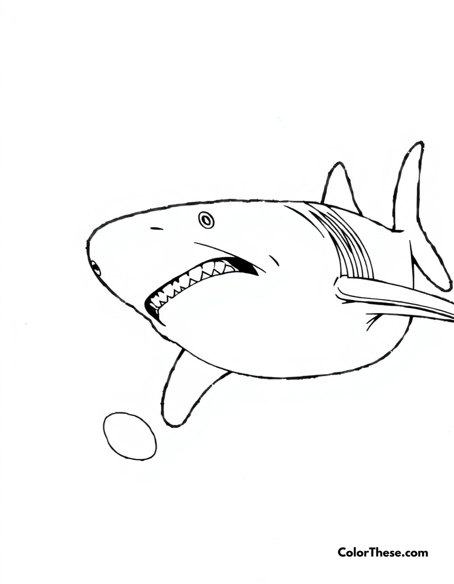 Free printable basking shark coloring page for kids and adults - A a basking shark with its mouth open, feeding on plankton.