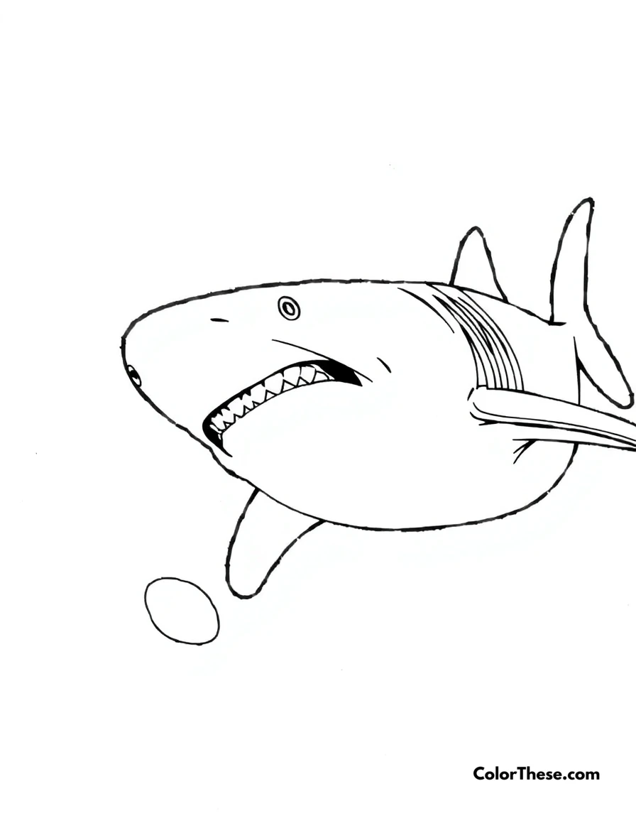 Free printable basking shark coloring page. A basking shark with its mouth open, feeding on plankton.