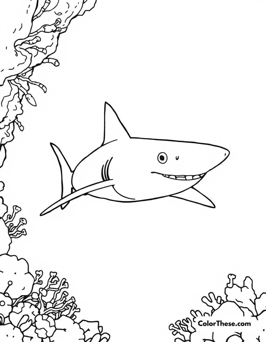 Free printable blacktip reef shark coloring page for kids and adults - A a blacktip reef shark swimming near a coral reef.