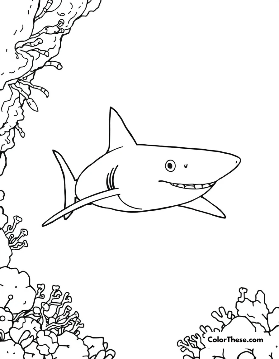 Free printable blacktip reef shark coloring page. A blacktip reef shark swimming near a coral reef.