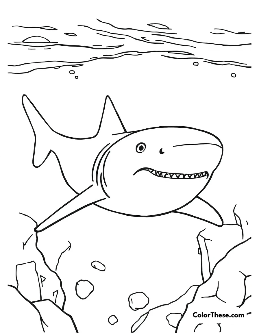 Free printable greenland shark coloring page. A Greenland shark swimming in icy waters.