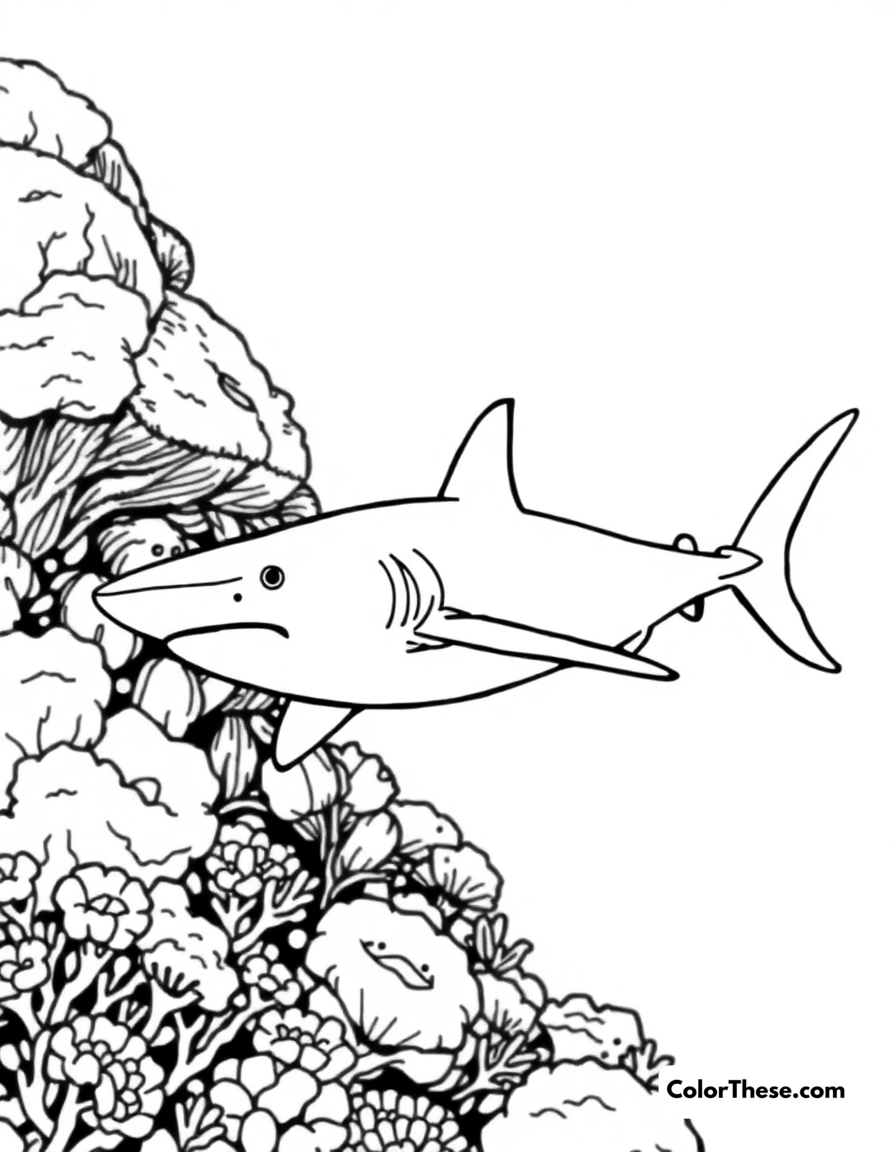 Free printable hammerhead shark coloring page for kids and adults - A a hammerhead shark swimming near a coral reef.