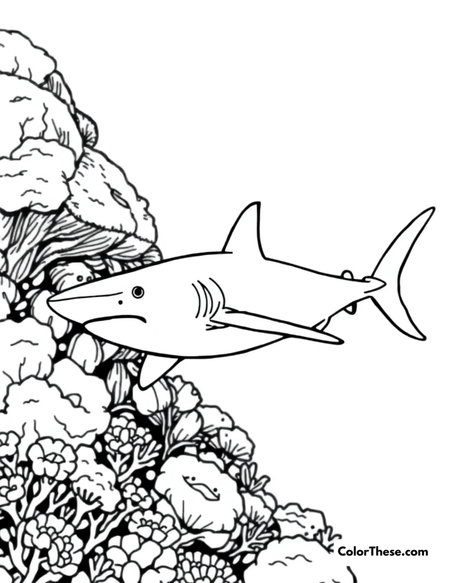 Free printable hammerhead shark coloring page. A hammerhead shark swimming near a coral reef.