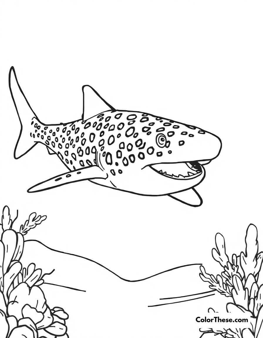 Free printable leopard shark coloring page for kids and adults - A a leopard shark swimming near a sandy ocean floor.