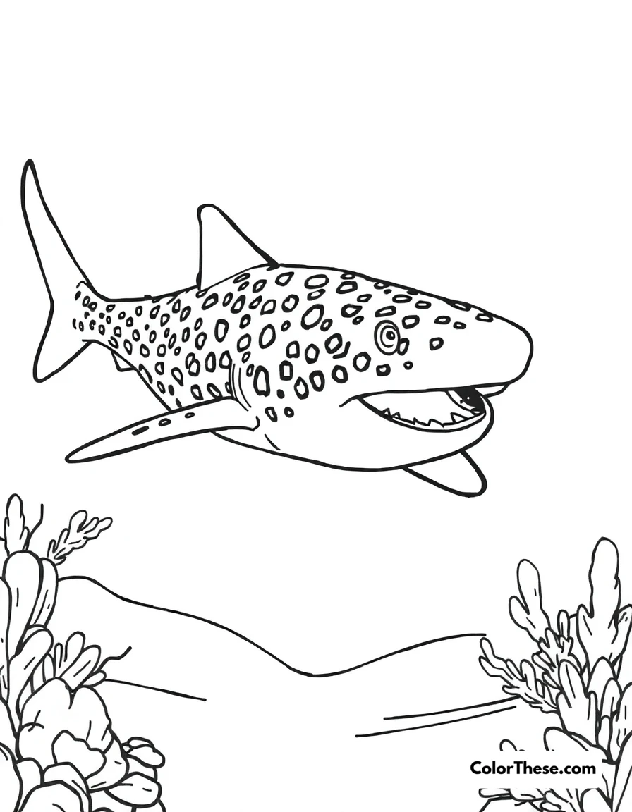Free printable leopard shark coloring page. A leopard shark swimming near a sandy ocean floor.