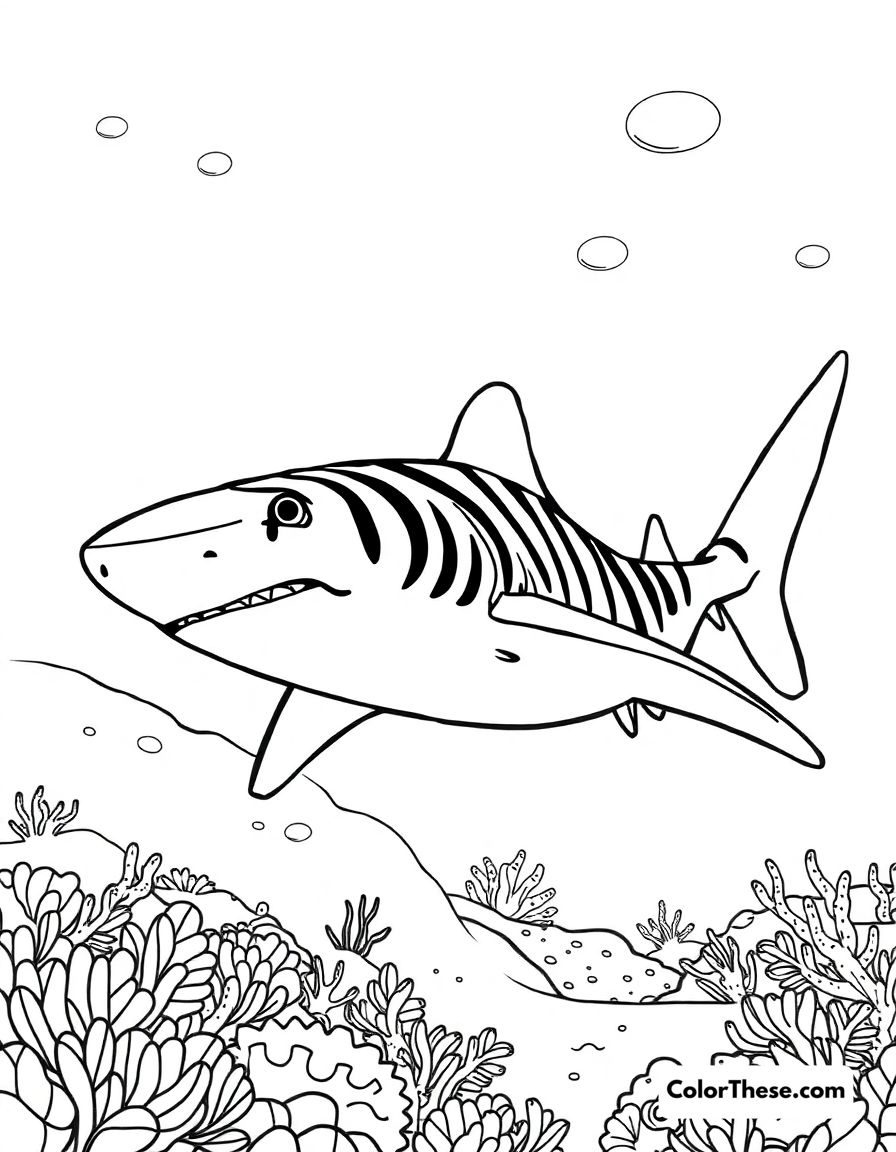 Free printable sand tiger shark coloring page for kids and adults - A a sand tiger shark swimming near the ocean floor.