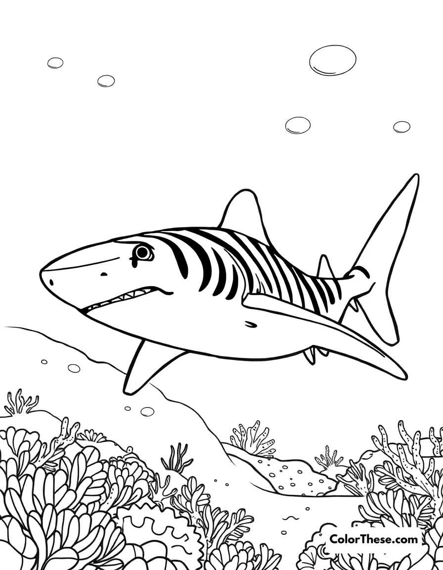Free printable sand tiger shark coloring page. A sand tiger shark swimming near the ocean floor.