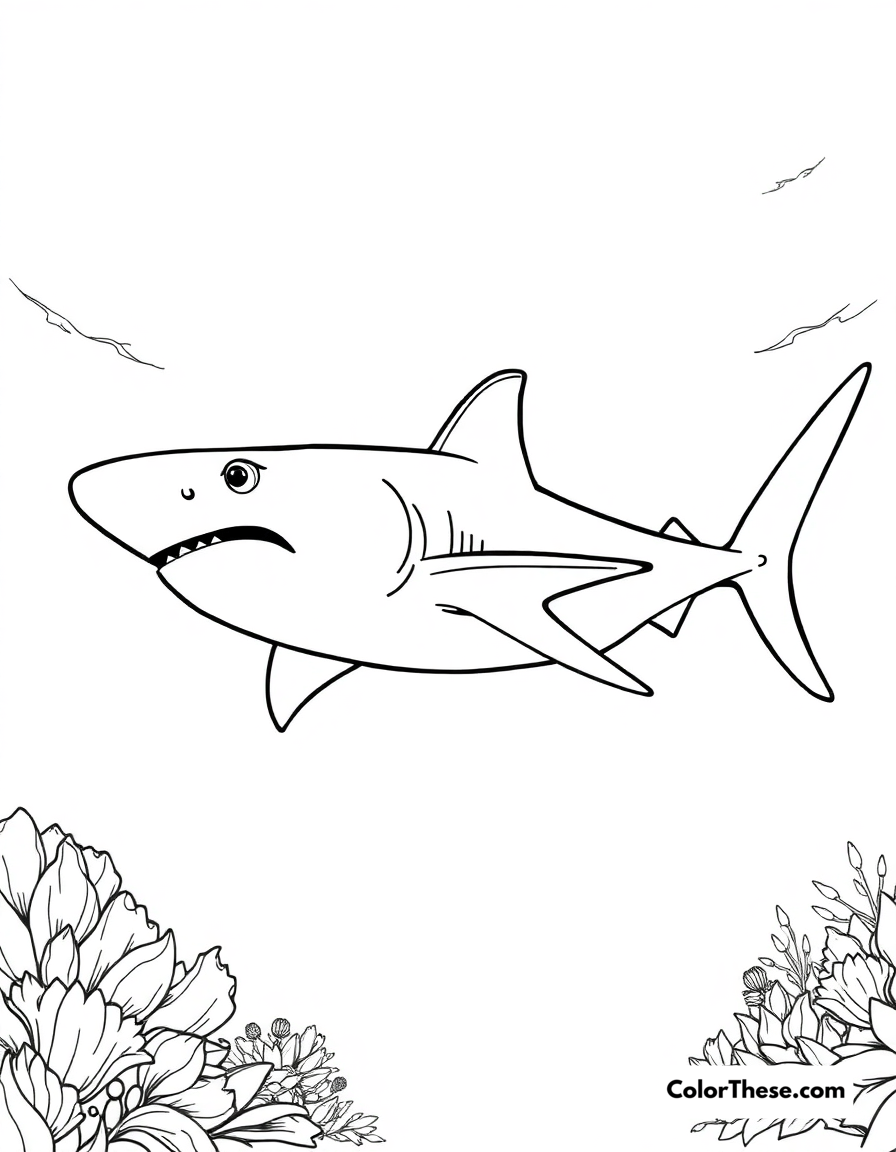 Free printable thresher shark coloring page for kids and adults - A a thresher shark with its long tail swimming in the ocean.