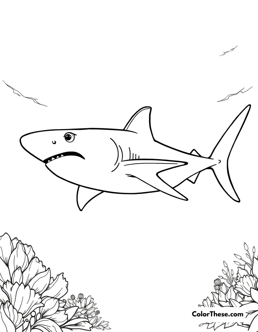 Free printable thresher shark coloring page. A thresher shark with its long tail swimming in the ocean.