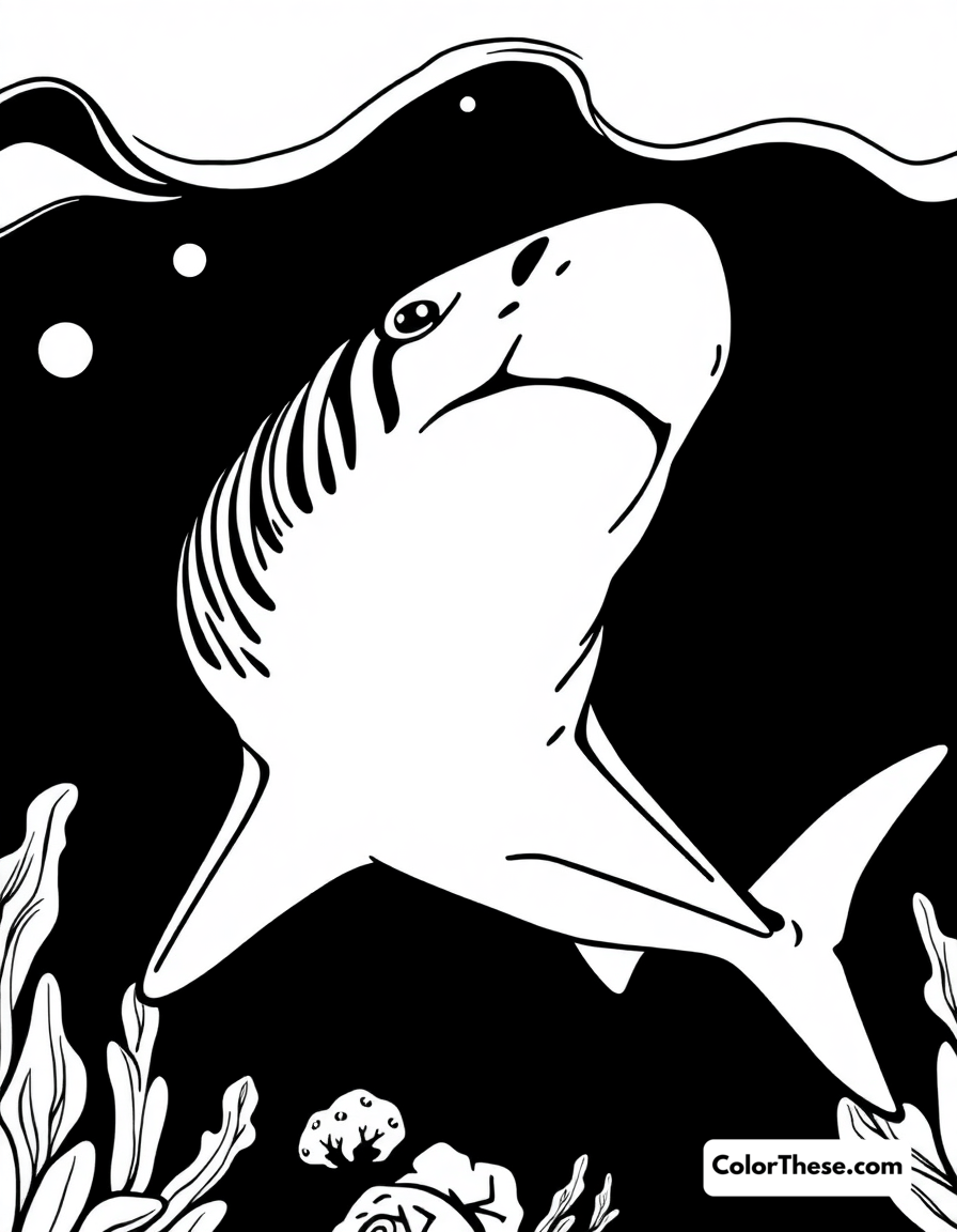 Free printable tiger shark coloring page for kids and adults - A a tiger shark swimming in deep ocean waters.