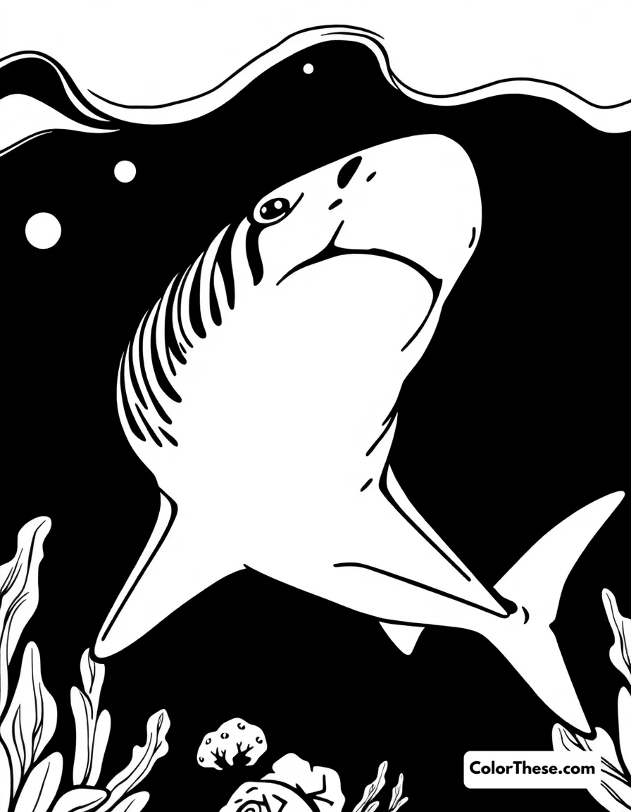 Free printable tiger shark coloring page. A tiger shark swimming in deep ocean waters.