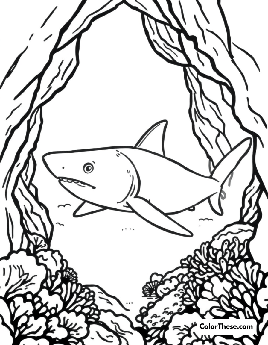 Free printable whitetip reef shark coloring page for kids and adults - A a whitetip reef shark resting in a coral cave.