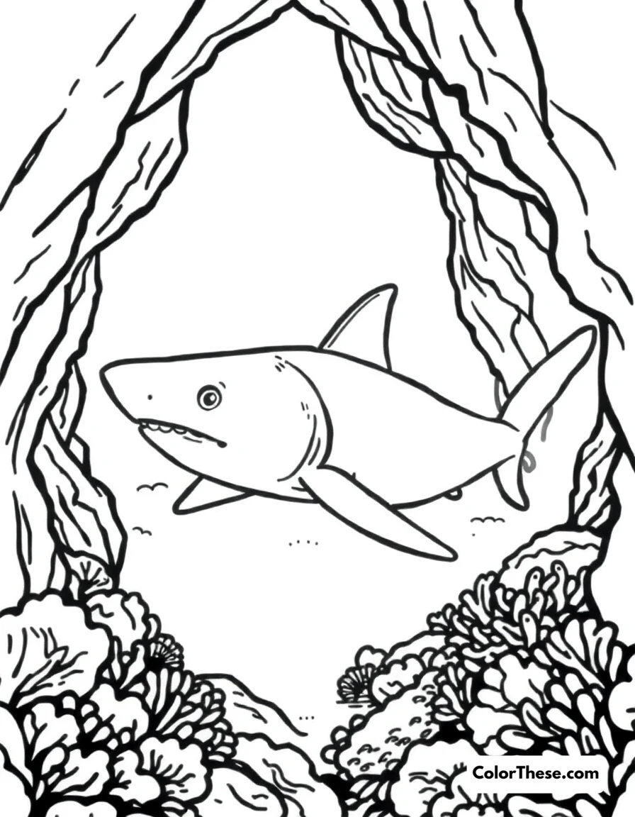 Free printable whitetip reef shark coloring page. A whitetip reef shark resting in a coral cave.