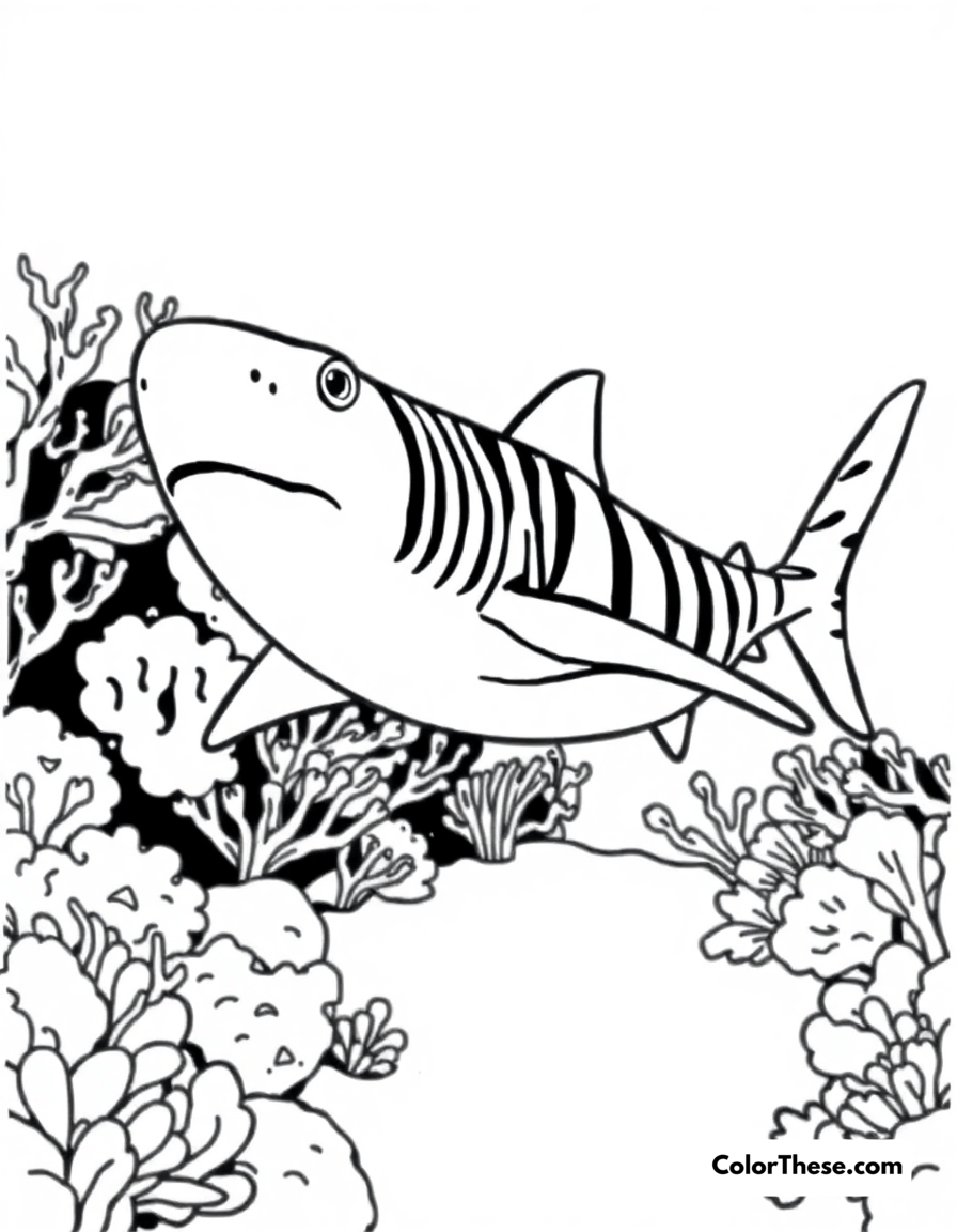 Free printable zebra shark coloring page for kids and adults - A a zebra shark swimming near a coral reef.