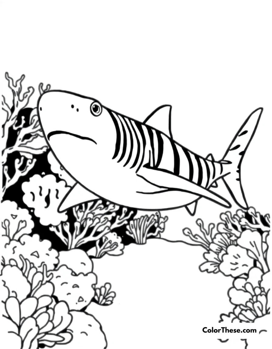 Free printable zebra shark coloring page. A zebra shark swimming near a coral reef.
